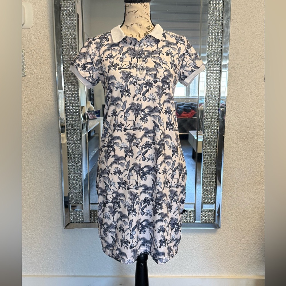 Partner Golf Performance Polo Dress -Navy Blue & White Tropical Print Size Small